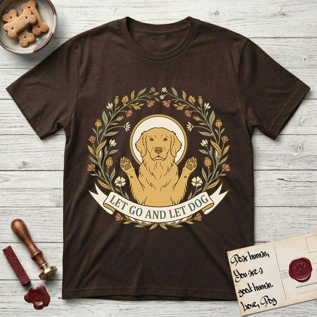 Let Go and Let Dog Golden Retriever T-Shirt flat lay in Dark Chocolate, featuring an Art Nouveau wildflower wreath around a haloed Golden Retriever with front paws raised.