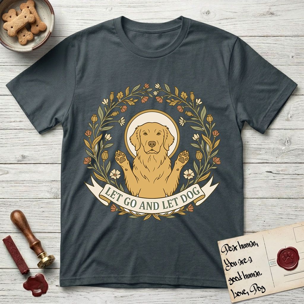 Let Go and Let Dog Golden Retriever T-Shirt flat lay in Dark Heather Grey, featuring an Art Nouveau wildflower wreath around a haloed Golden Retriever with front paws raised.