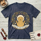 Let Go and Let Dog Golden Retriever T-Shirt flat lay in Heather Navy, featuring an Art Nouveau wildflower wreath around a haloed Golden Retriever with front paws raised.