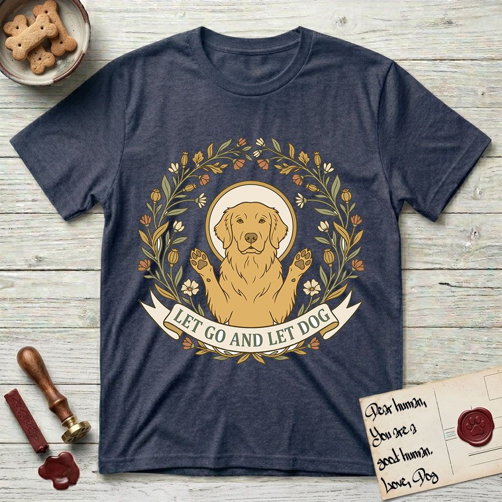 Let Go and Let Dog Golden Retriever T-Shirt flat lay in Heather Navy, featuring an Art Nouveau wildflower wreath around a haloed Golden Retriever with front paws raised.