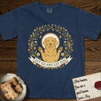 Let Go and Let Dog Golden Retriever T-Shirt flat lay in True Navy, featuring an Art Nouveau wildflower wreath around a haloed Golden Retriever with front paws raised.