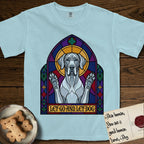 Let Go and Let Dog Great Dane T-Shirt flat lay in Chambray, featuring a stained-glass cathedral window of a haloed Great Dane with paws raised.