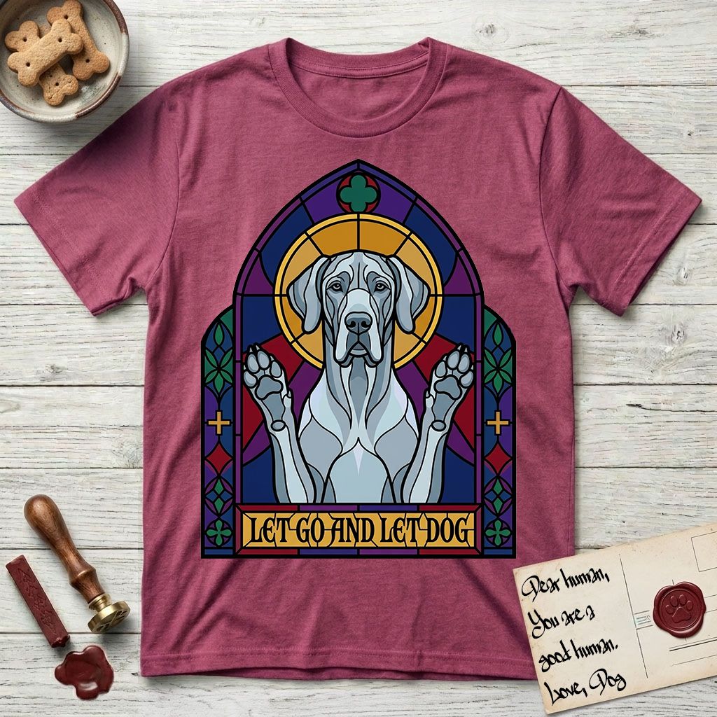 Let Go and Let Dog Great Dane T-Shirt flat lay in Heather Cardinal, featuring a stained-glass cathedral window of a haloed Great Dane with paws raised.