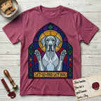 Let Go and Let Dog Great Dane T-Shirt flat lay in Heather Cardinal, featuring a stained-glass cathedral window of a haloed Great Dane with paws raised.