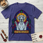 Let Go and Let Dog Great Dane T-Shirt flat lay in Metro Blue, featuring a stained-glass cathedral window of a haloed Great Dane with paws raised.