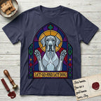 Let Go and Let Dog Great Dane T-Shirt flat lay in Navy, featuring a stained-glass cathedral window of a haloed Great Dane with paws raised.