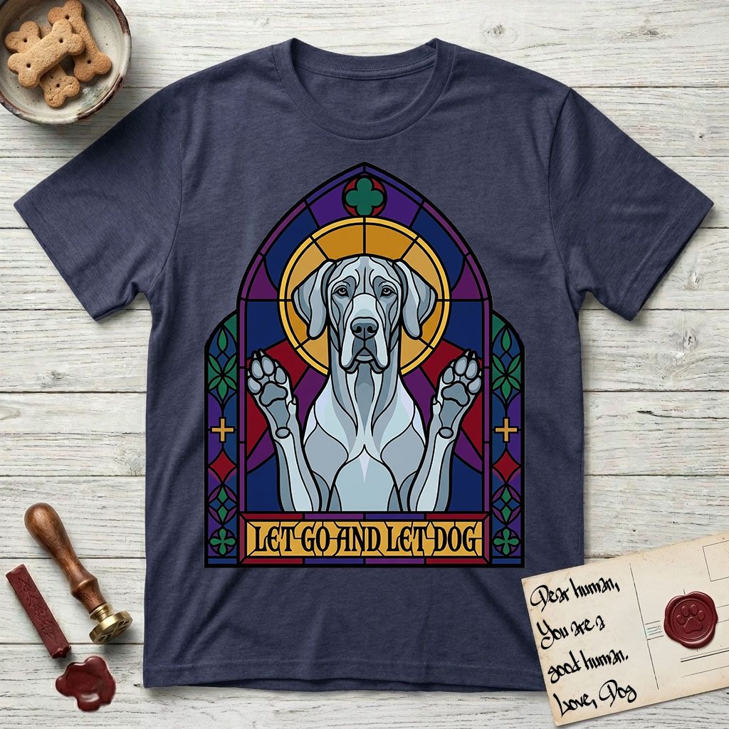 Let Go and Let Dog Great Dane T-Shirt flat lay in Navy, featuring a stained-glass cathedral window of a haloed Great Dane with paws raised.