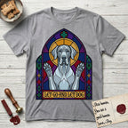 Let Go and Let Dog Great Dane T-Shirt flat lay in Sport Grey, featuring a stained-glass cathedral window of a haloed Great Dane with paws raised.