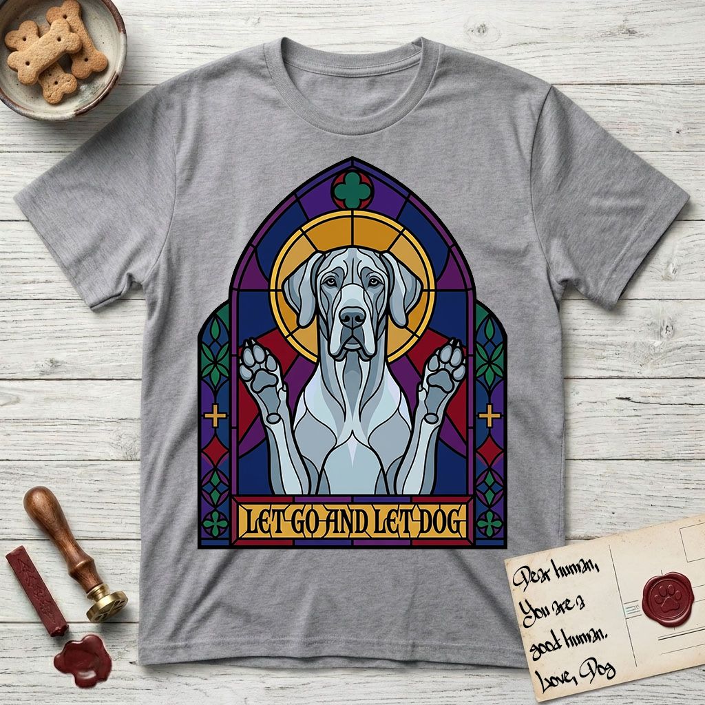 Let Go and Let Dog Great Dane T-Shirt flat lay in Sport Grey, featuring a stained-glass cathedral window of a haloed Great Dane with paws raised.