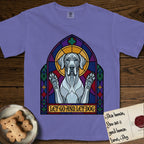 Let Go and Let Dog Great Dane T-Shirt flat lay in Violet, featuring a stained-glass cathedral window of a haloed Great Dane with paws raised.
