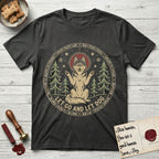 Let Go and Let Dog Husky T-Shirt flat lay in Charcoal, featuring a winter woodland seal of a haloed Husky sitting with paws raised among pine trees.