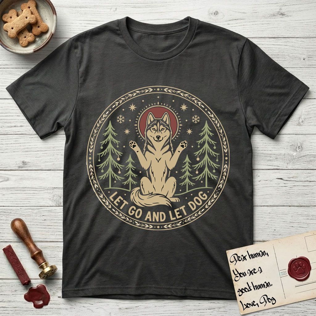 Let Go and Let Dog Husky T-Shirt flat lay in Charcoal, featuring a winter woodland seal of a haloed Husky sitting with paws raised among pine trees.