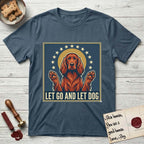 Let Go and Let Dog Irish Setter T-Shirt flat lay in Indigo Blue, featuring a vintage devotional poster of a haloed Irish Setter with paws raised and a ring of stars.