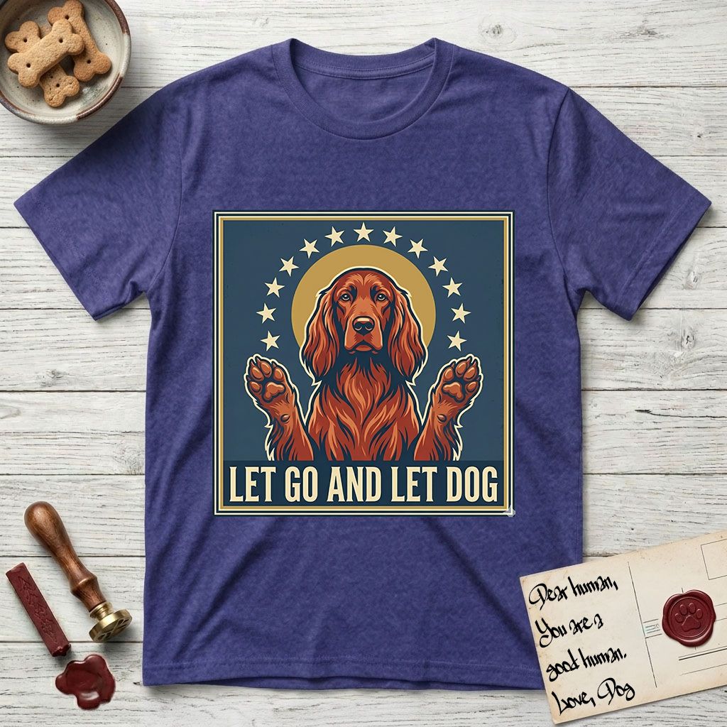 Let Go and Let Dog Irish Setter T-Shirt flat lay in Metro Blue, featuring a vintage devotional poster of a haloed Irish Setter with paws raised and a ring of stars.