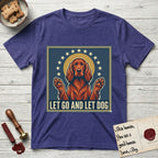 Let Go and Let Dog Irish Setter T-Shirt flat lay in Metro Blue, featuring a vintage devotional poster of a haloed Irish Setter with paws raised and a ring of stars.
