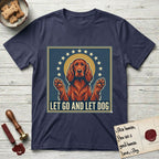 Let Go and Let Dog Irish Setter T-Shirt flat lay in Navy, featuring a vintage devotional poster of a haloed Irish Setter with paws raised and a ring of stars.