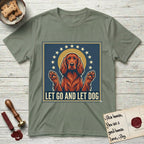 Let Go and Let Dog Irish Setter T-Shirt flat lay in Sage, featuring a vintage devotional poster of a haloed Irish Setter with paws raised and a ring of stars.