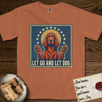 Let Go and Let Dog Irish Setter T-Shirt flat lay in Yam, featuring a vintage devotional poster of a haloed Irish Setter with paws raised and a ring of stars.