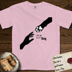 Let Go and Let Dog Paw T-Shirt flat lay in Blossom, featuring a minimalist silhouette of a human hand and a Dog paw reaching toward each other, almost touching.
