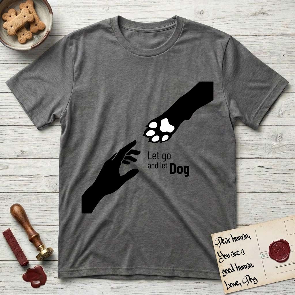 Let Go and Let Dog Paw T-Shirt flat lay in Dark Heather, featuring a minimalist silhouette of a human hand and a Dog paw reaching toward each other, almost touching.