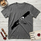 Let Go and Let Dog Paw T-Shirt flat lay in Dark Heather, featuring a minimalist silhouette of a human hand and a Dog paw reaching toward each other, almost touching.