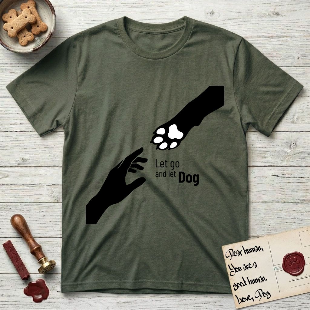 Let Go and Let Dog Paw T-Shirt flat lay in Heather Military Green, featuring a minimalist silhouette of a human hand and a Dog paw reaching toward each other, almost touching.