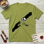 Let Go and Let Dog Paw T-Shirt flat lay in Kiwi, featuring a minimalist silhouette of a human hand and a Dog paw reaching toward each other, almost touching.