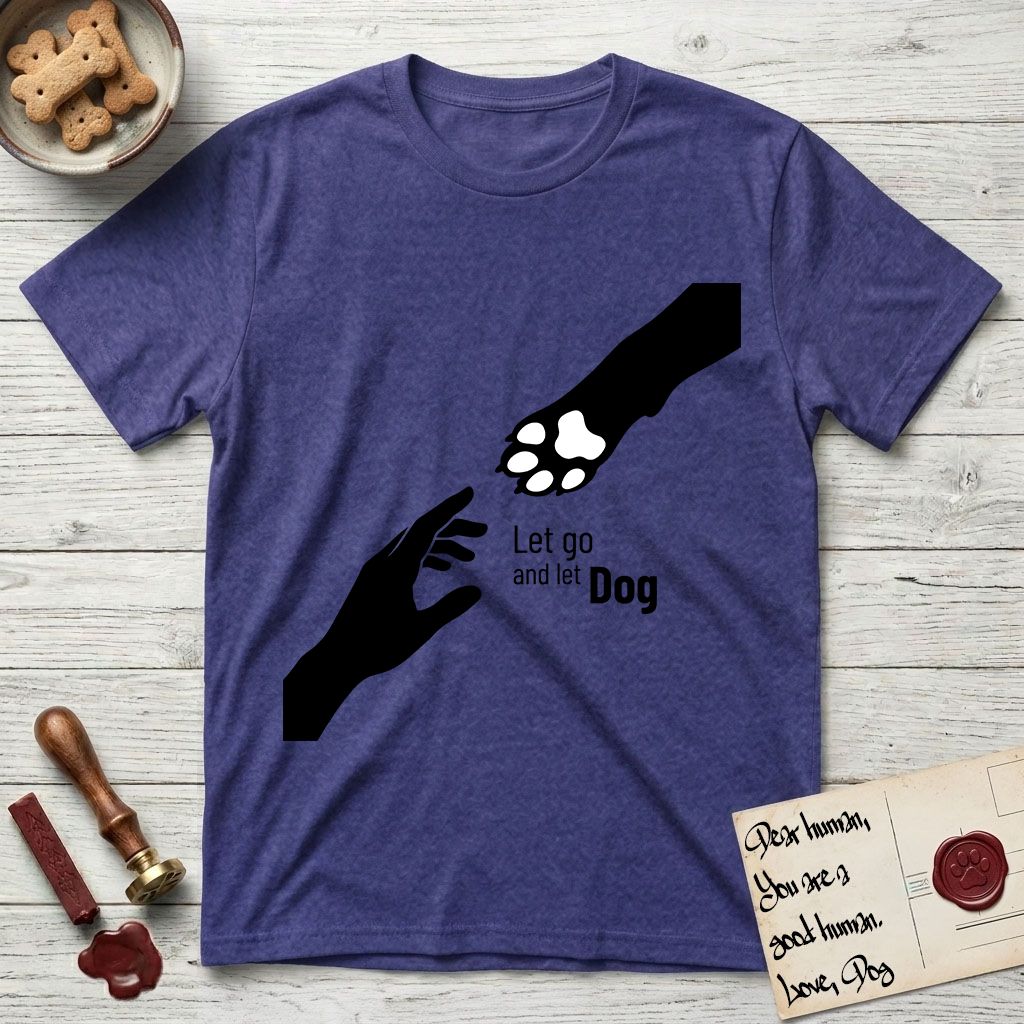 Let Go and Let Dog Paw T-Shirt flat lay in Metro Blue, featuring a minimalist silhouette of a human hand and a Dog paw reaching toward each other, almost touching.