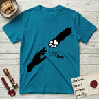 Let Go and Let Dog Paw T-Shirt flat lay in Tropical Blue, featuring a minimalist silhouette of a human hand and a Dog paw reaching toward each other, almost touching.