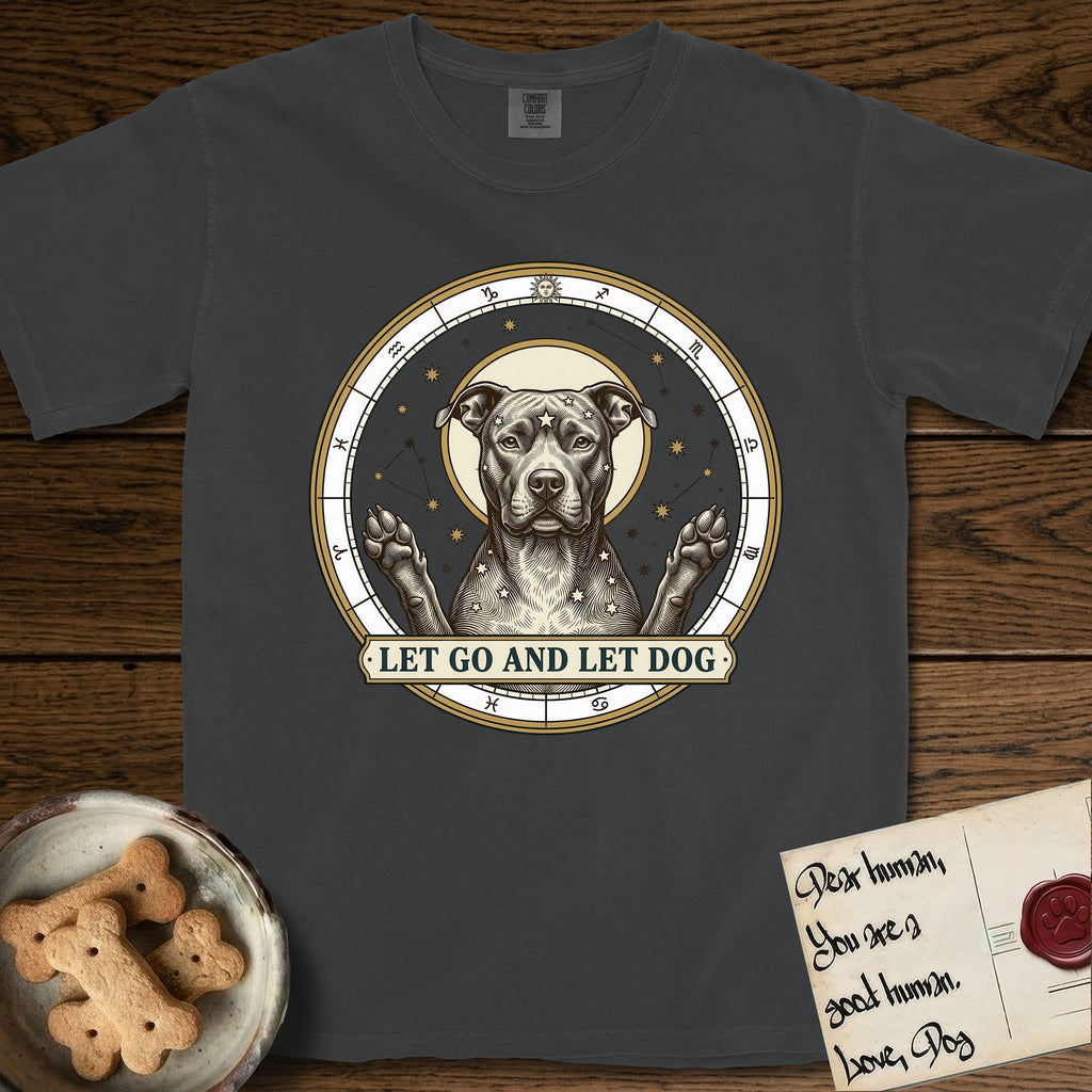 Let Go and Let Dog Pitbull T-Shirt flat lay in Graphite, featuring an antique engraved celestial star chart with a haloed Pitbull at the center, natural folded ears and paws raised, stars carved across his coat.