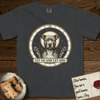 Let Go and Let Dog Pitbull T-Shirt flat lay in Graphite, featuring an antique engraved celestial star chart with a haloed Pitbull at the center, natural folded ears and paws raised, stars carved across his coat.