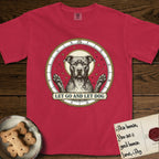 Let Go and Let Dog Pitbull T-Shirt flat lay in Red, featuring an antique engraved celestial star chart with a haloed Pitbull at the center, natural folded ears and paws raised, stars carved across his coat.