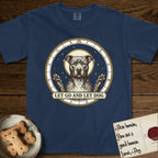 Let Go and Let Dog Pitbull T-Shirt flat lay in True Navy, featuring an antique engraved celestial star chart with a haloed Pitbull at the center, natural folded ears and paws raised, stars carved across his coat.