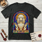 Let Go and Let Dog Poodle T-Shirt flat lay in Black, featuring a stained-glass illustration of a haloed Poodle with paws raised.