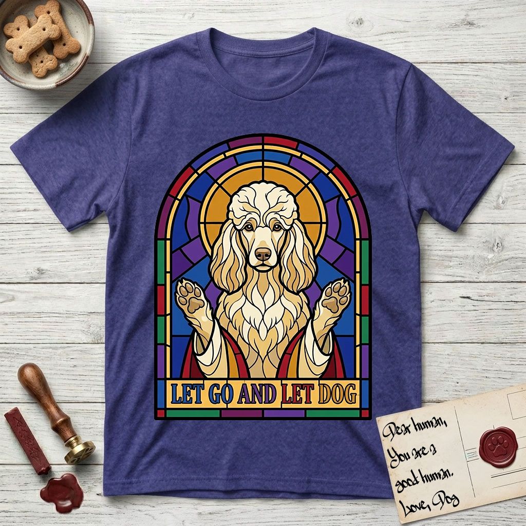 Let Go and Let Dog Poodle T-Shirt flat lay in Metro Blue, featuring a stained-glass illustration of a haloed Poodle with paws raised.