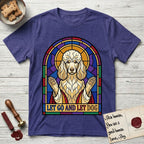 Let Go and Let Dog Poodle T-Shirt flat lay in Metro Blue, featuring a stained-glass illustration of a haloed Poodle with paws raised.