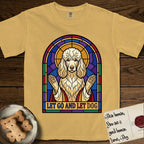 Let Go and Let Dog Poodle T-Shirt flat lay in Mustard, featuring a stained-glass illustration of a haloed Poodle with paws raised.
