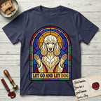Let Go and Let Dog Poodle T-Shirt flat lay in Navy, featuring a stained-glass illustration of a haloed Poodle with paws raised.