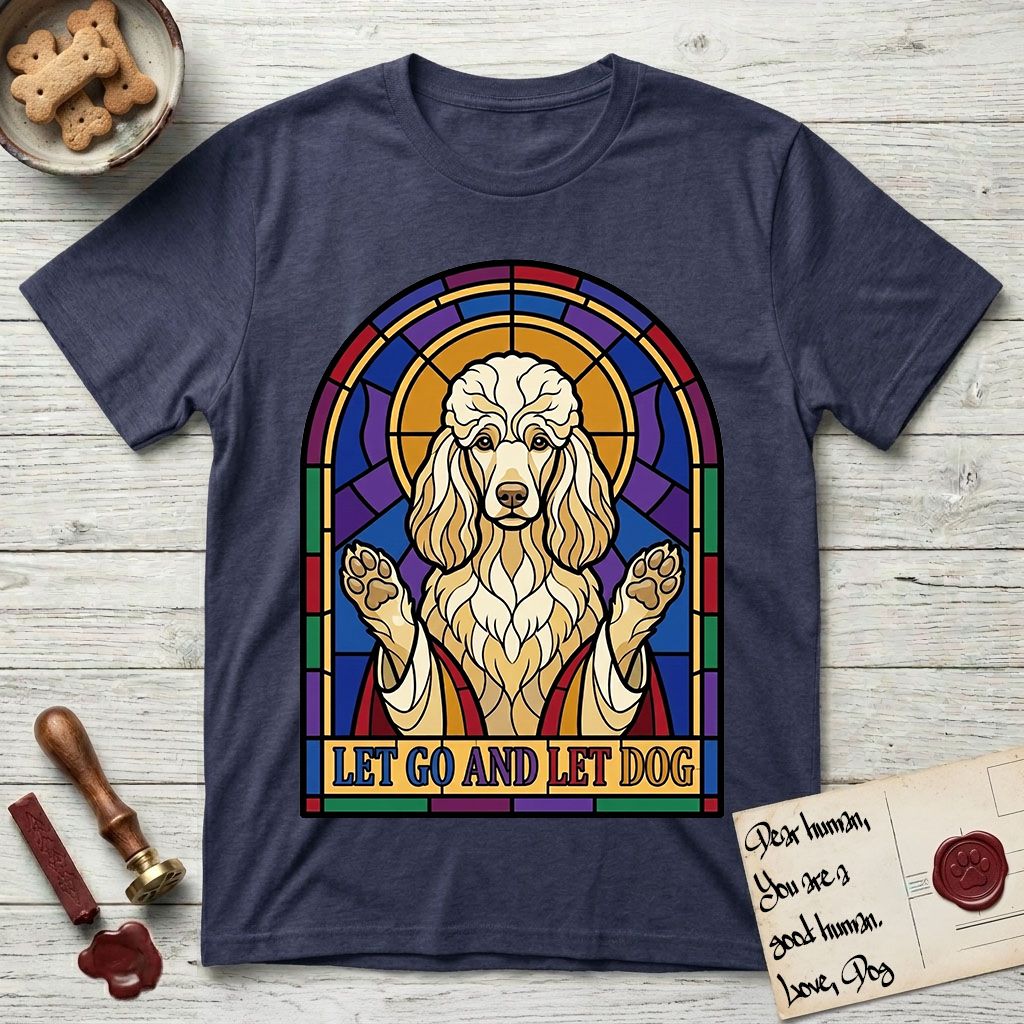 Let Go and Let Dog Poodle T-Shirt flat lay in Navy, featuring a stained-glass illustration of a haloed Poodle with paws raised.