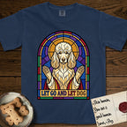 Let Go and Let Dog Poodle T-Shirt flat lay in True Navy, featuring a stained-glass illustration of a haloed Poodle with paws raised.