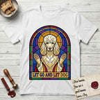Let Go and Let Dog Poodle T-Shirt flat lay in White, featuring a stained-glass illustration of a haloed Poodle with paws raised.
