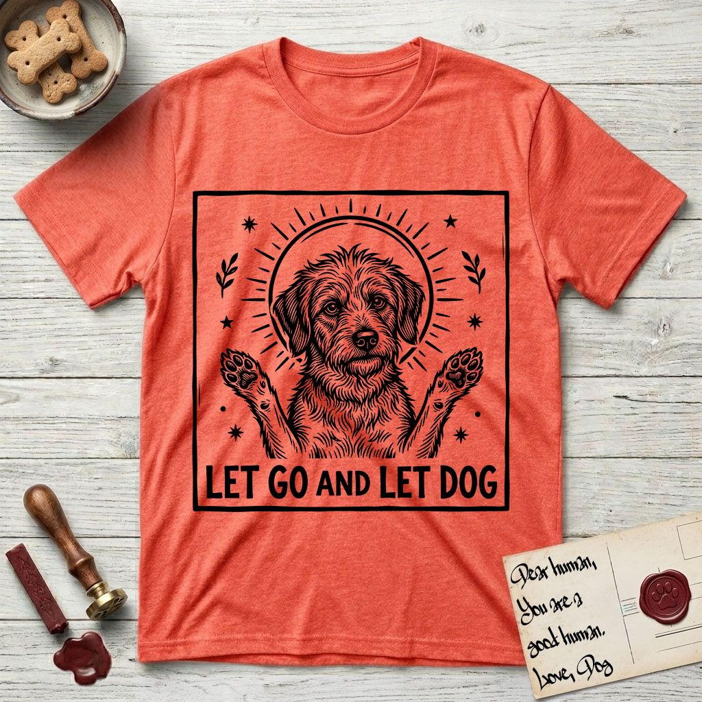 Let Go and Let Dog Rescue Mutt T-Shirt flat lay in Heather Orange, featuring a bold black-and-white woodcut of a haloed scruffy rescue mutt with both front paws raised.