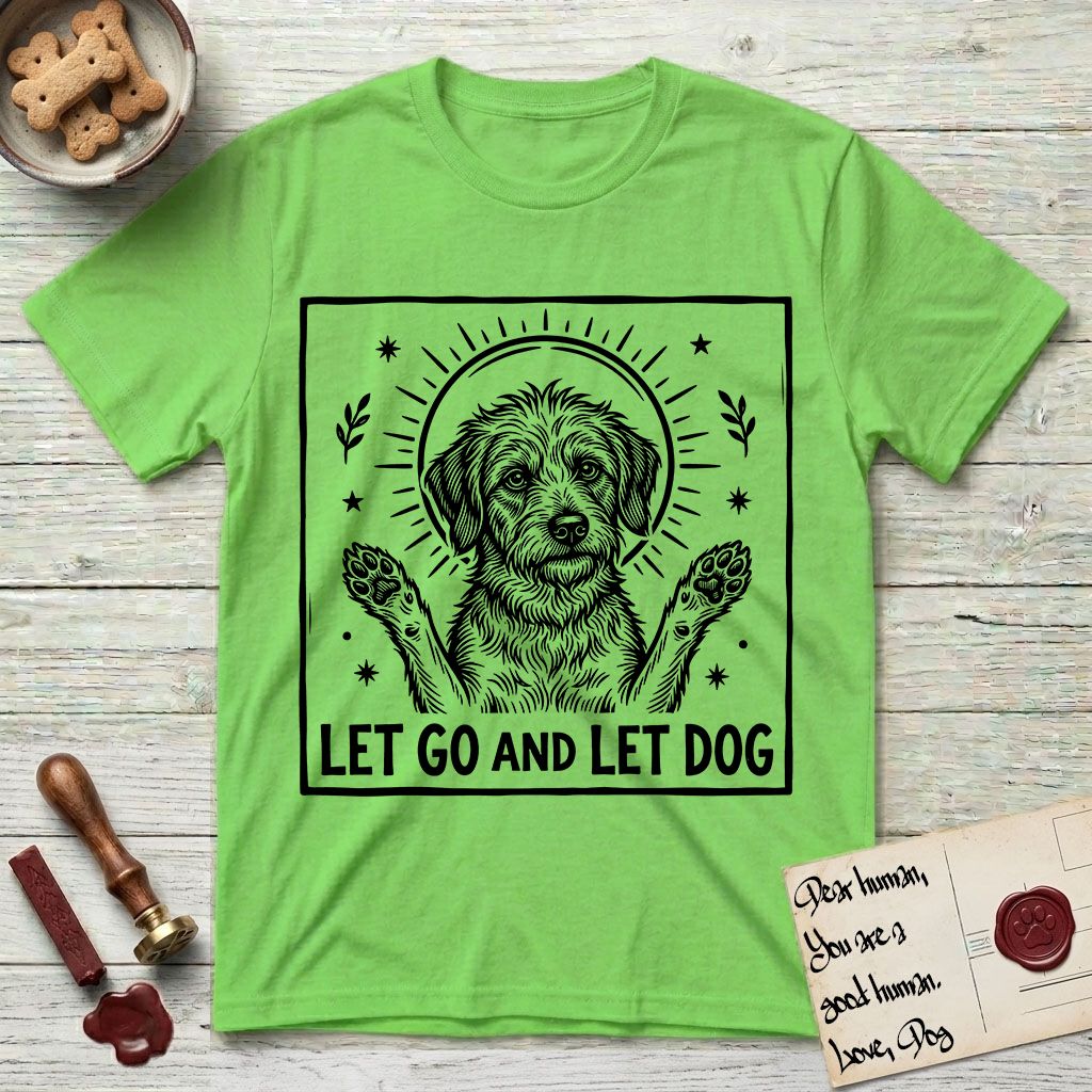 Let Go and Let Dog Rescue Mutt T-Shirt flat lay in Lime, featuring a bold black-and-white woodcut of a haloed scruffy rescue mutt with both front paws raised.