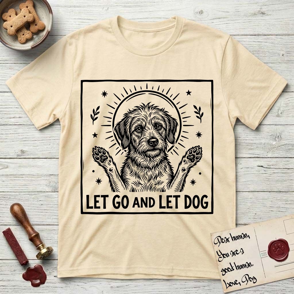 Let Go and Let Dog Rescue Mutt T-Shirt flat lay in Natural, featuring a bold black-and-white woodcut of a haloed scruffy rescue mutt with both front paws raised.