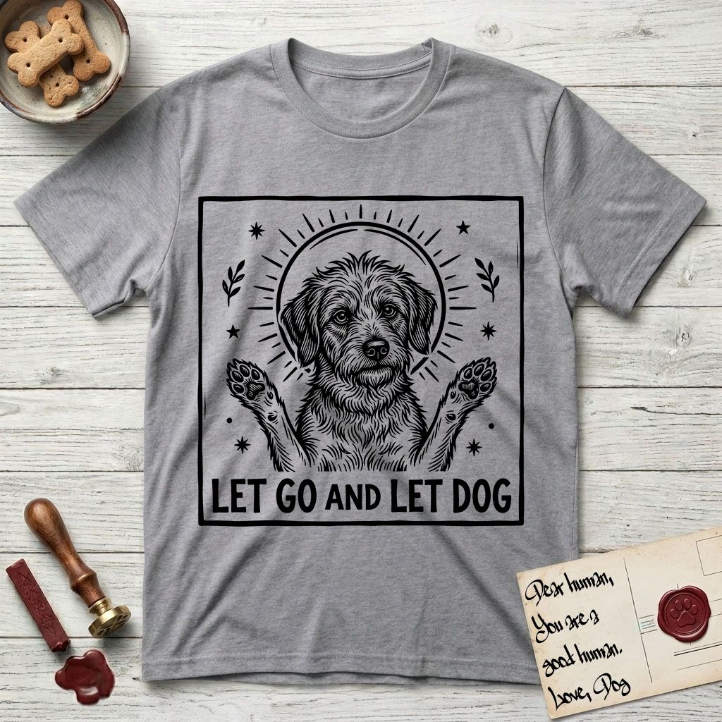 Let Go and Let Dog Rescue Mutt T-Shirt flat lay in Sport Grey, featuring a bold black-and-white woodcut of a haloed scruffy rescue mutt with both front paws raised.