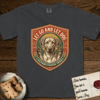 Let Go and Let Dog Rhodesian Ridgeback T-Shirt flat lay in Graphite, featuring a vintage engraved crest of a haloed Rhodesian Ridgeback with front paws raised.