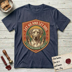 Let Go and Let Dog Rhodesian Ridgeback T-Shirt flat lay in Heather Navy, featuring a vintage engraved crest of a haloed Rhodesian Ridgeback with front paws raised.