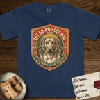 Let Go and Let Dog Rhodesian Ridgeback T-Shirt flat lay in True Navy, featuring a vintage engraved crest of a haloed Rhodesian Ridgeback with front paws raised.