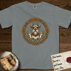 Let Go and Let Dog Schnauzer T-Shirt flat lay in Granite, featuring an ornate gilded medallion of a haloed Schnauzer with front paws raised.