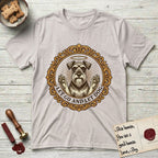 Let Go and Let Dog Schnauzer T-Shirt flat lay in Ice Grey, featuring an ornate gilded medallion of a haloed Schnauzer with front paws raised.